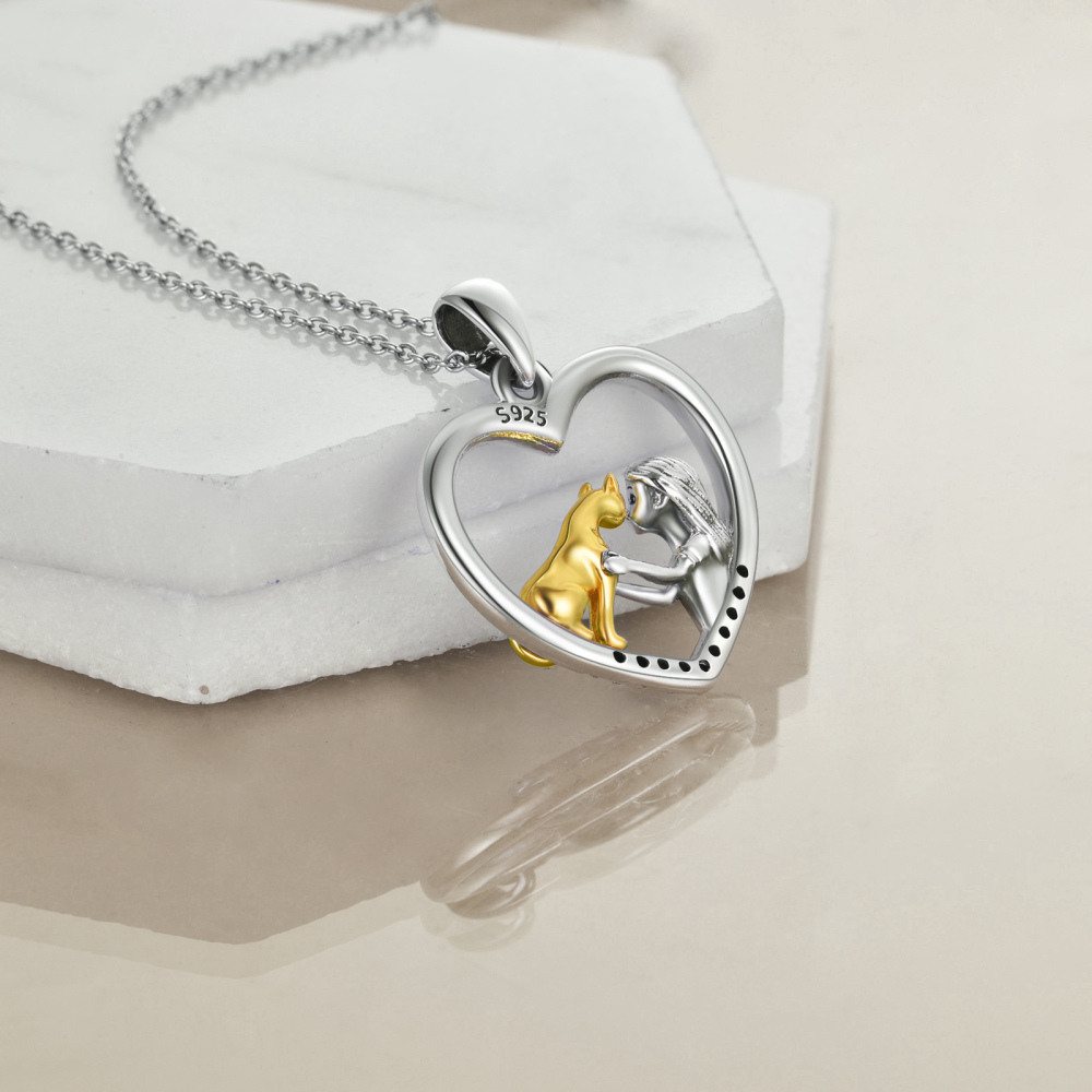 Sterling Silver Two-tone Cat & Girl Heart Pendant Necklace with Engraved Word-4