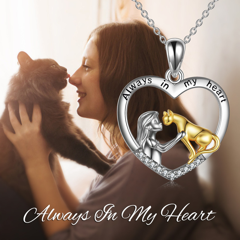 Sterling Silver Two-tone Cat & Girl Heart Pendant Necklace with Engraved Word-5