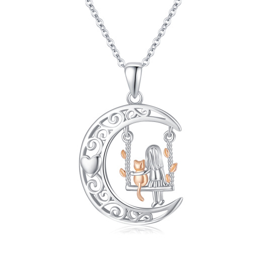 Sterling Silver Two-tone Cat & Heart & Moon & Swing Pendant Necklace