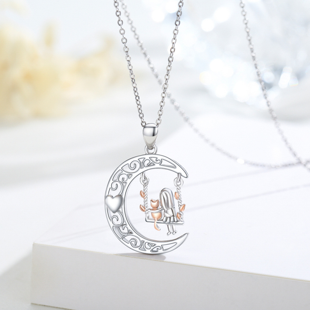 Sterling Silver Two-Tone Girl With Cat Pendant Necklace For Women-4