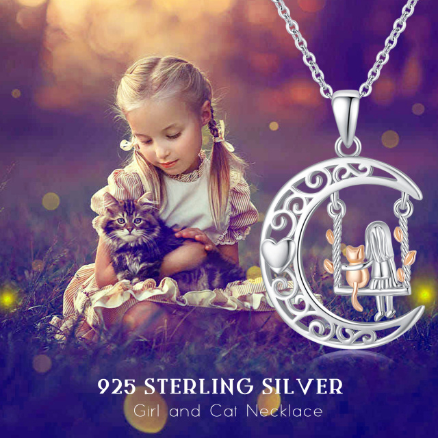 Collier en argent sterling avec pendentif bicolore chat, coeur, lune et balançoire-5