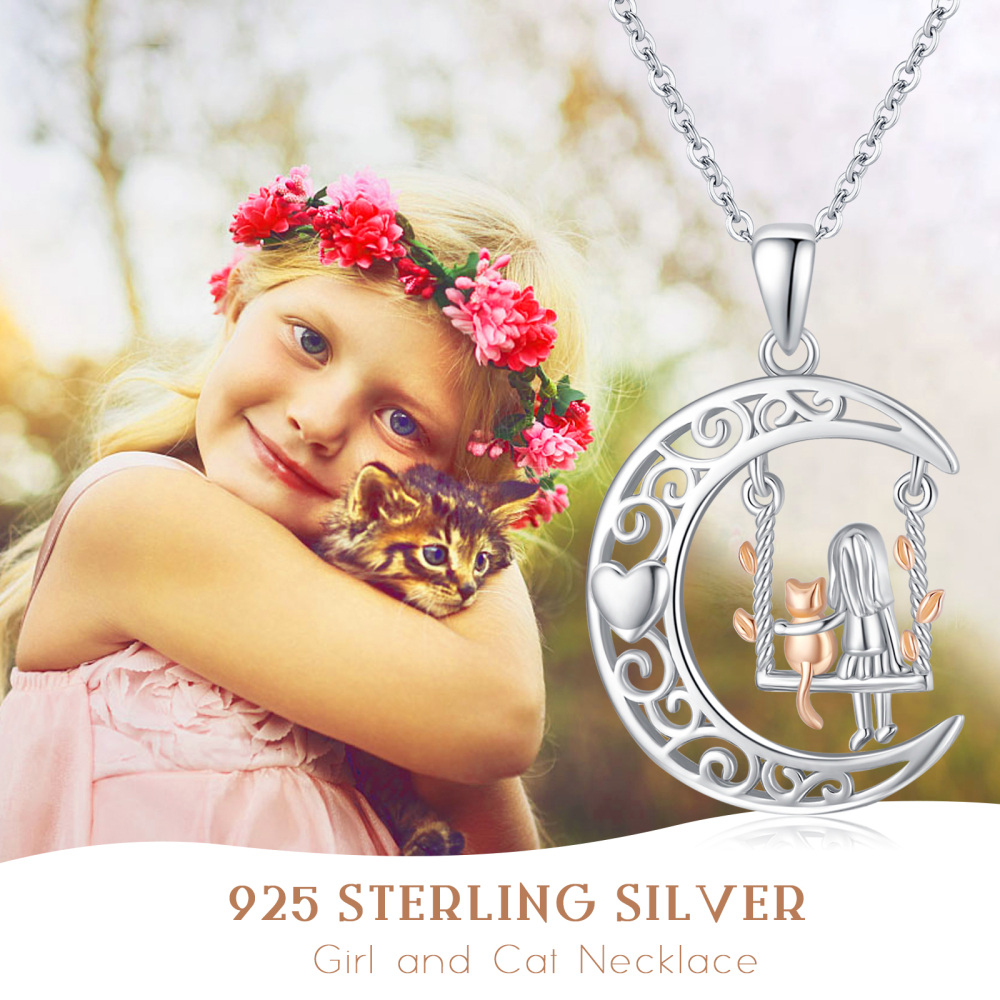 Sterling Silver Two-Tone Girl With Cat Pendant Necklace For Women-6