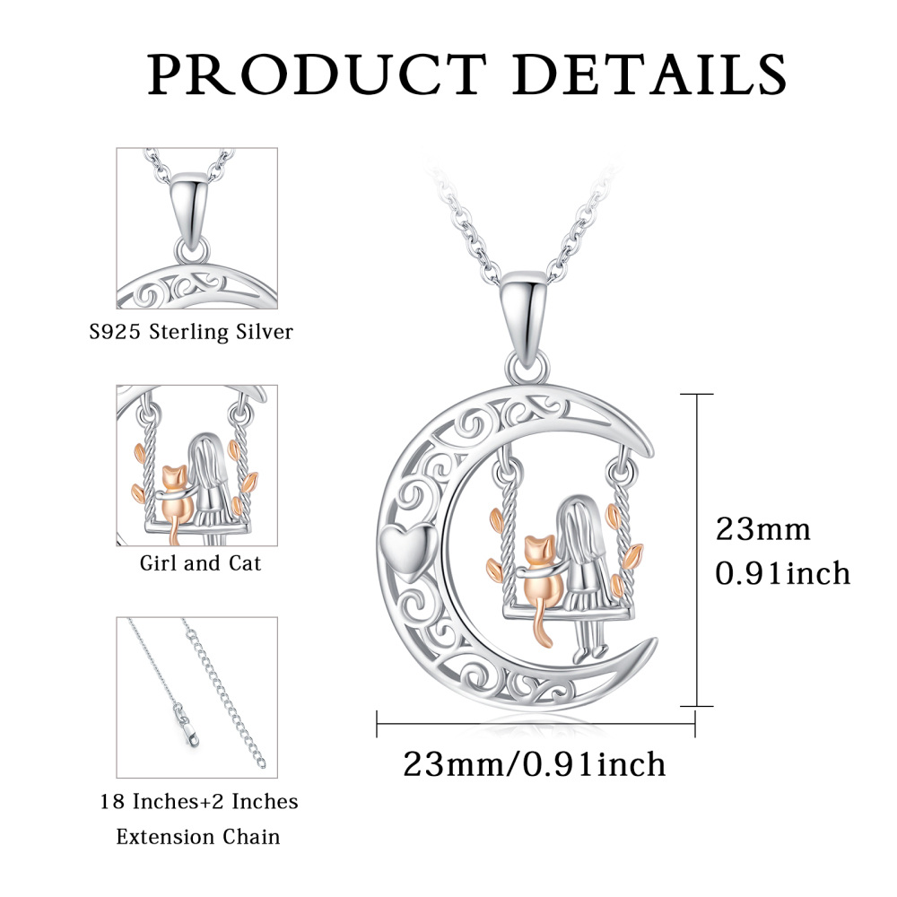 Sterling Silver Two-Tone Girl With Cat Pendant Necklace For Women-7