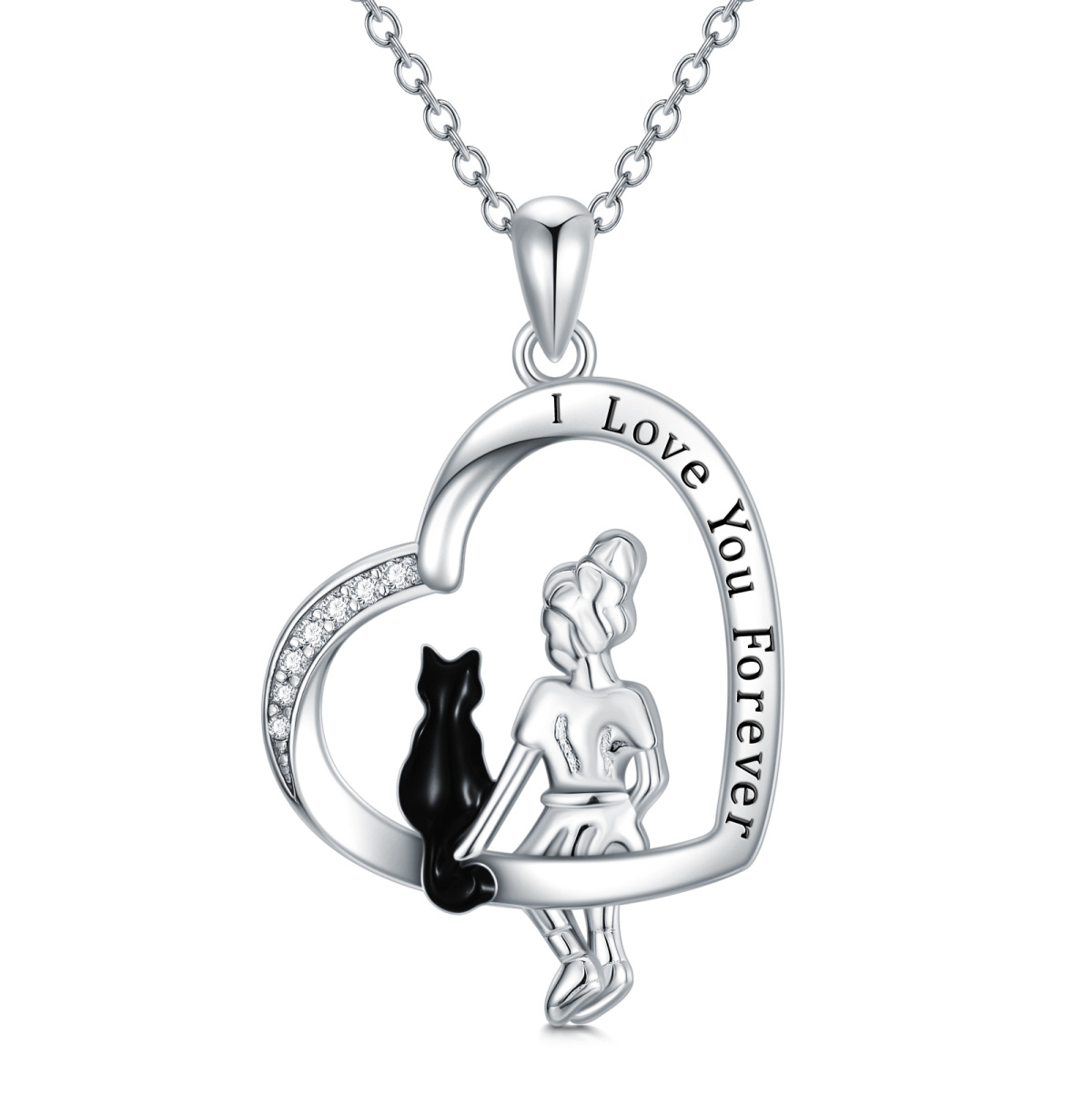 Sterling Silver Two-tone Cubic Zirconia Cat & Heart Pendant Necklace with Engraved Word-1