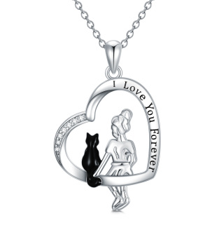 Sterling Silver Two-tone Cubic Zirconia Cat & Heart Pendant Necklace with Engraved Word-17