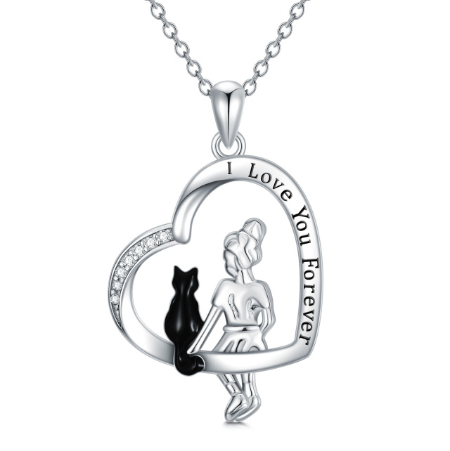 Collier en argent sterling avec pendentif chat et coeur en zircon cubique bicolore avec mo