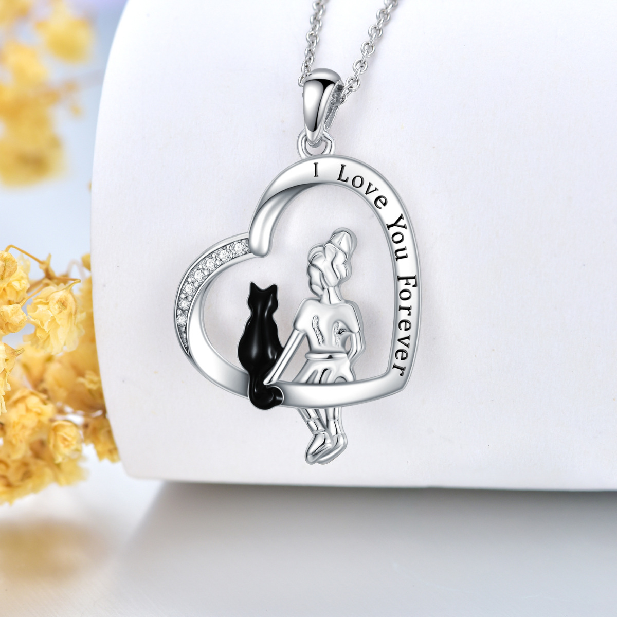 Sterling Silver Two-tone Cubic Zirconia Cat & Heart Pendant Necklace with Engraved Word-3