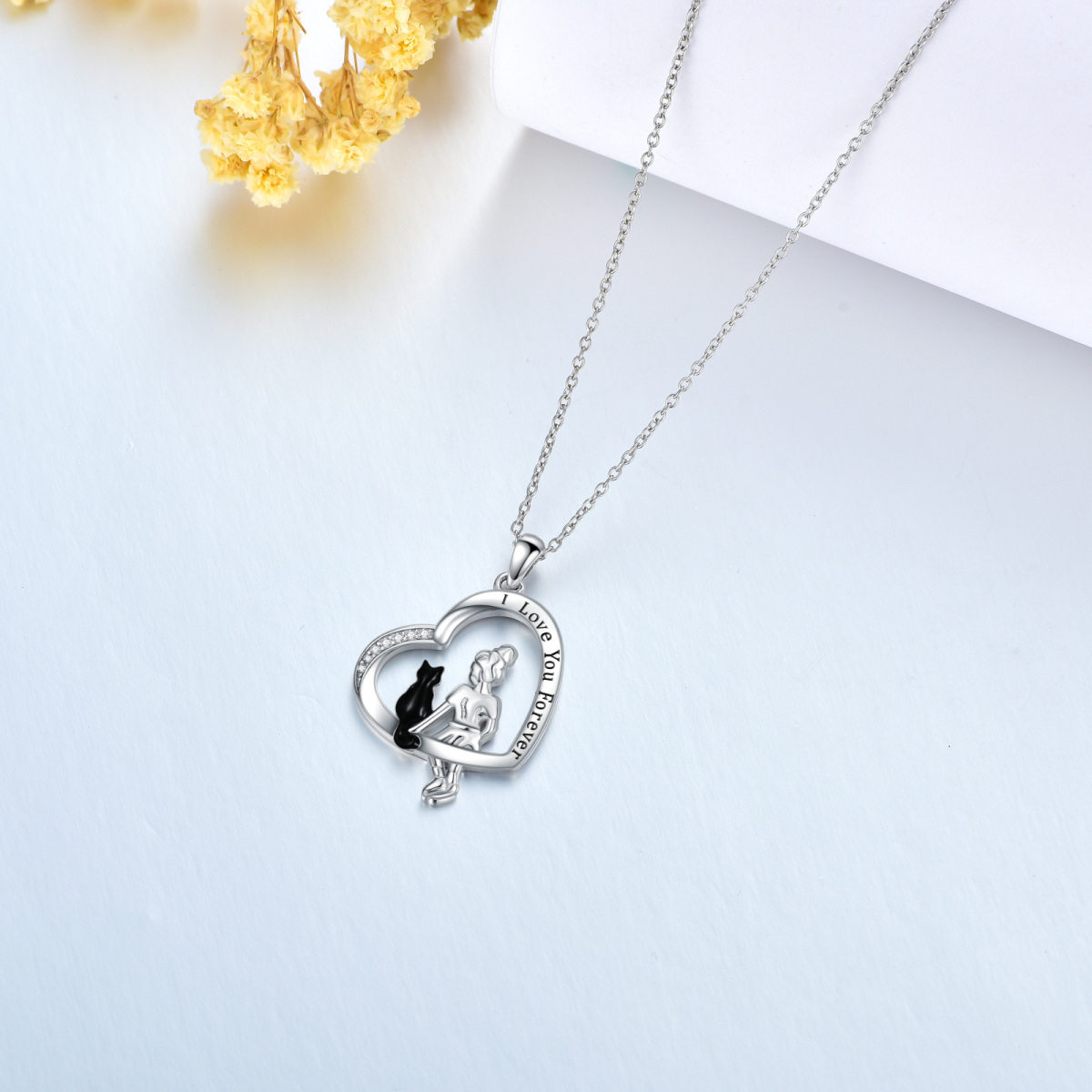 Sterling Silver Two-tone Cubic Zirconia Cat & Heart Pendant Necklace with Engraved Word-4