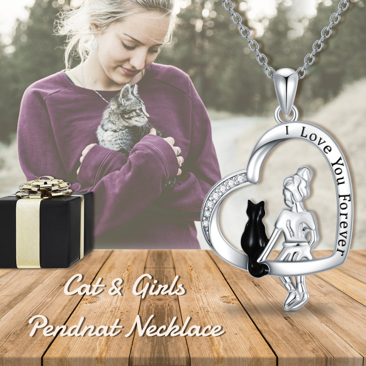 Sterling Silver Two-tone Cubic Zirconia Cat & Heart Pendant Necklace with Engraved Word-5