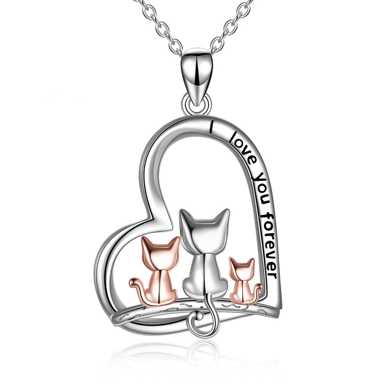 Sterling Silver Two-tone Cat & Heart Pendant Necklace with Engraved Word-17