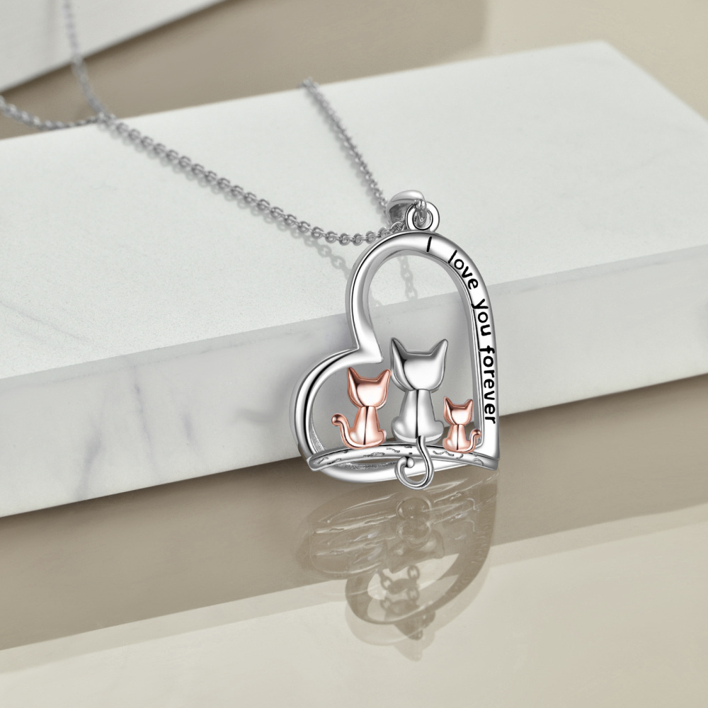 Collier en argent sterling avec pendentif chat et coeur bicolore et mot gravé-3