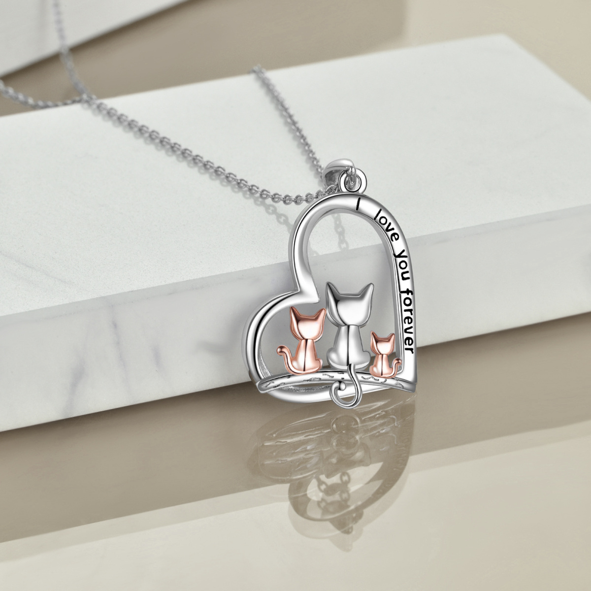 Sterling Silver Two-tone Cat & Heart Pendant Necklace with Engraved Word-3