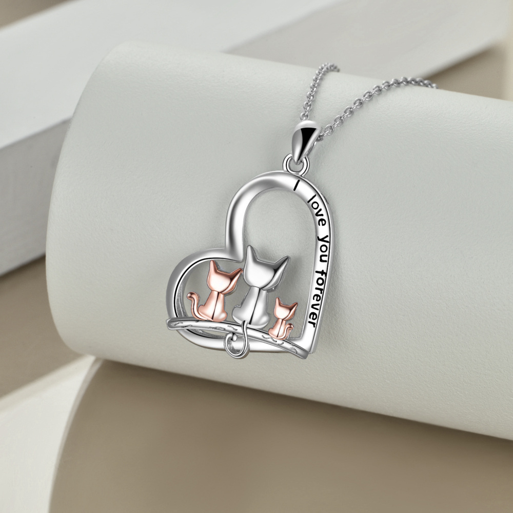 Collier en argent sterling avec pendentif chat et coeur bicolore et mot gravé-4