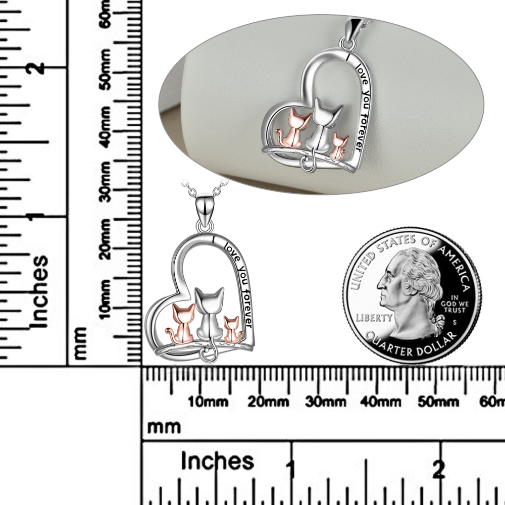 Collier en argent sterling avec pendentif chat et coeur bicolore et mot gravé-5