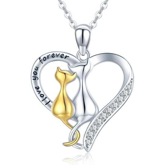 Collana con ciondolo a forma di gatto e cuore in argento sterling bicolore con zirconia cubica