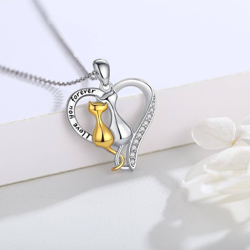 Sterling Silver Two-tone Cubic Zirconia Cat & Heart Pendant Necklace-3