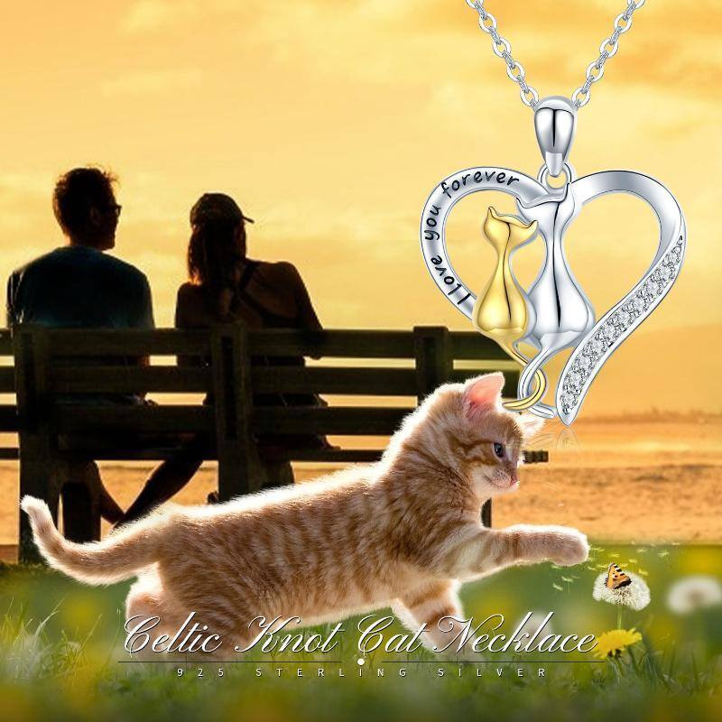 Collier en argent sterling avec pendentif chat et cœur en zircon cubique bicolore-6