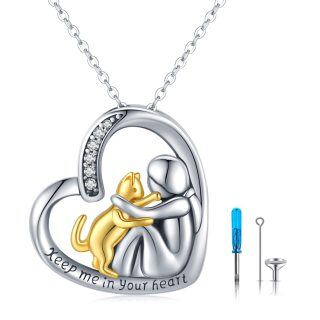 Sterling Silver Two-tone Cubic Zirconia Cat & Heart Urn Necklace for Ashes with Engraved Word-23