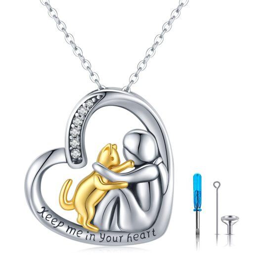 Sterling Silver Two-tone Cubic Zirconia Cat & Heart Urn Necklace for Ashes with Engraved Word