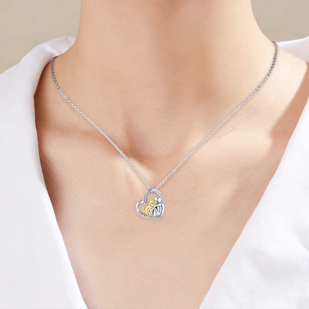 Plata de ley de dos tonos Cubic Zirconia Gato y Corazón Urna Collar para cenizas con la pa-4