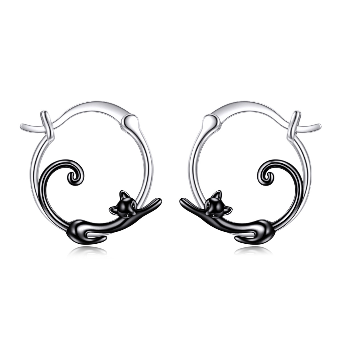 Sterling Silver Two-tone Cat Hoop Earrings-1