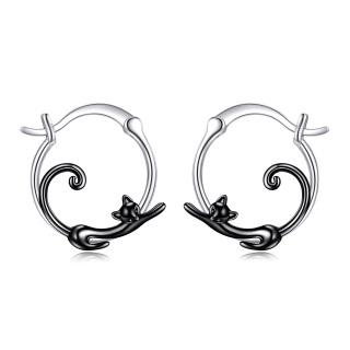 Sterling Silver Two-tone Cat Hoop Earrings-10