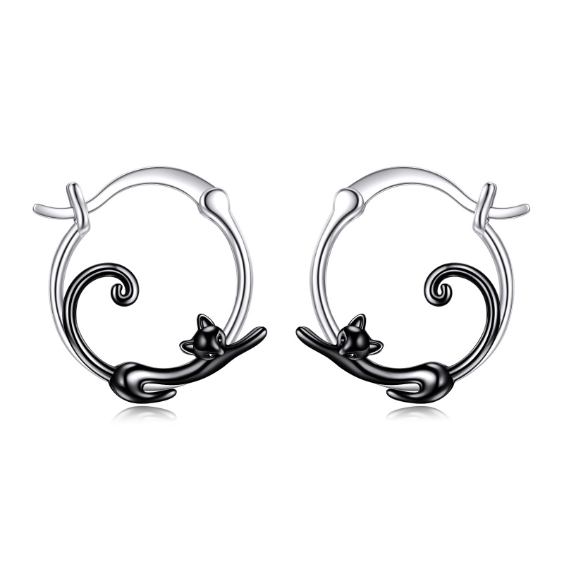 Sterling Silver Two-tone Cat Hoop Earrings-7