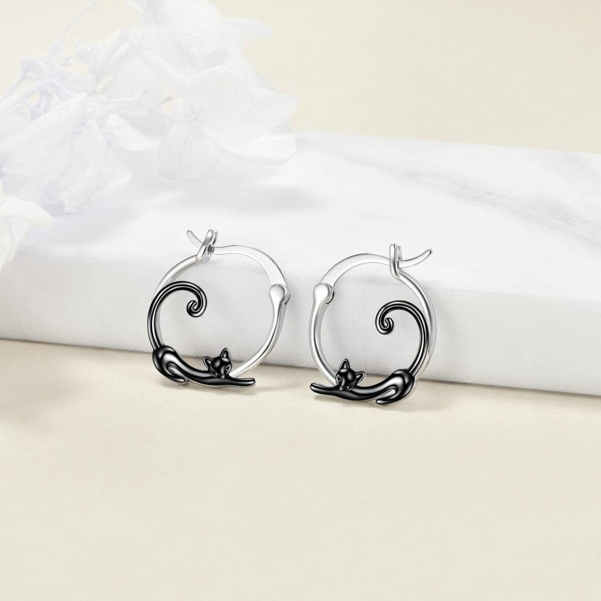 Sterling Silver Two-tone Cat Hoop Earrings-3