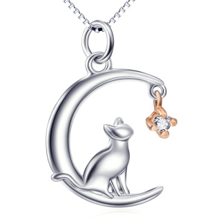 Sterling Silver Two-tone Cubic Zirconia Cat & Moon Pendant Necklace-60