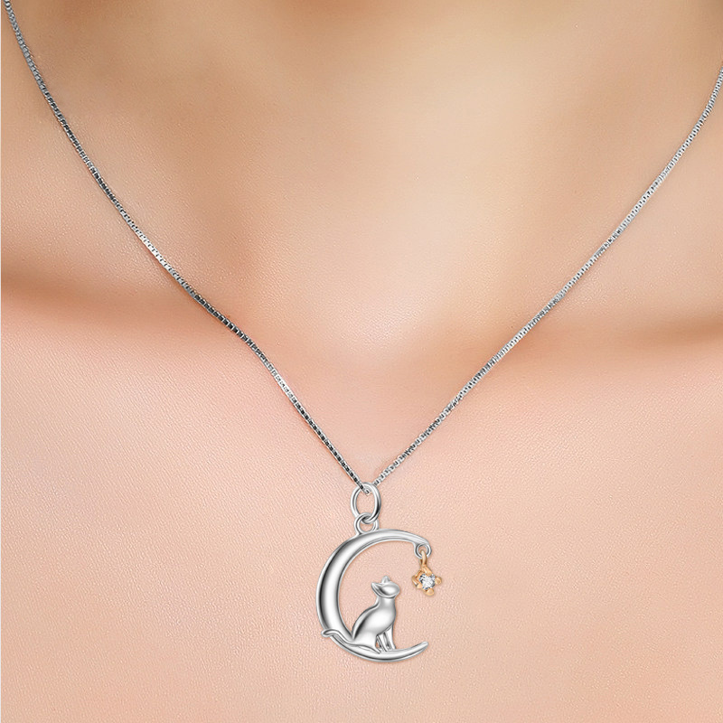 Sterling Silver Two-tone Cubic Zirconia Cat & Moon Pendant Necklace-2