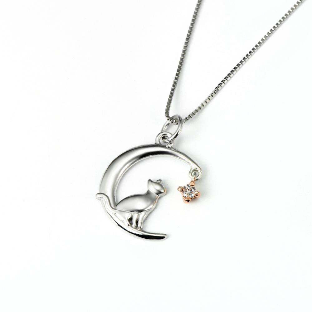 Sterling Silver Two-tone Cubic Zirconia Cat & Moon Pendant Necklace-3