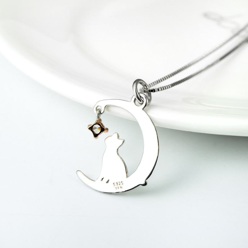 Sterling Silver Two-tone Cubic Zirconia Cat & Moon Pendant Necklace-4