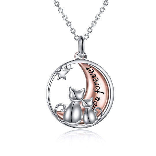 Sterling Silver Two-tone Cat & Moon Pendant Necklace