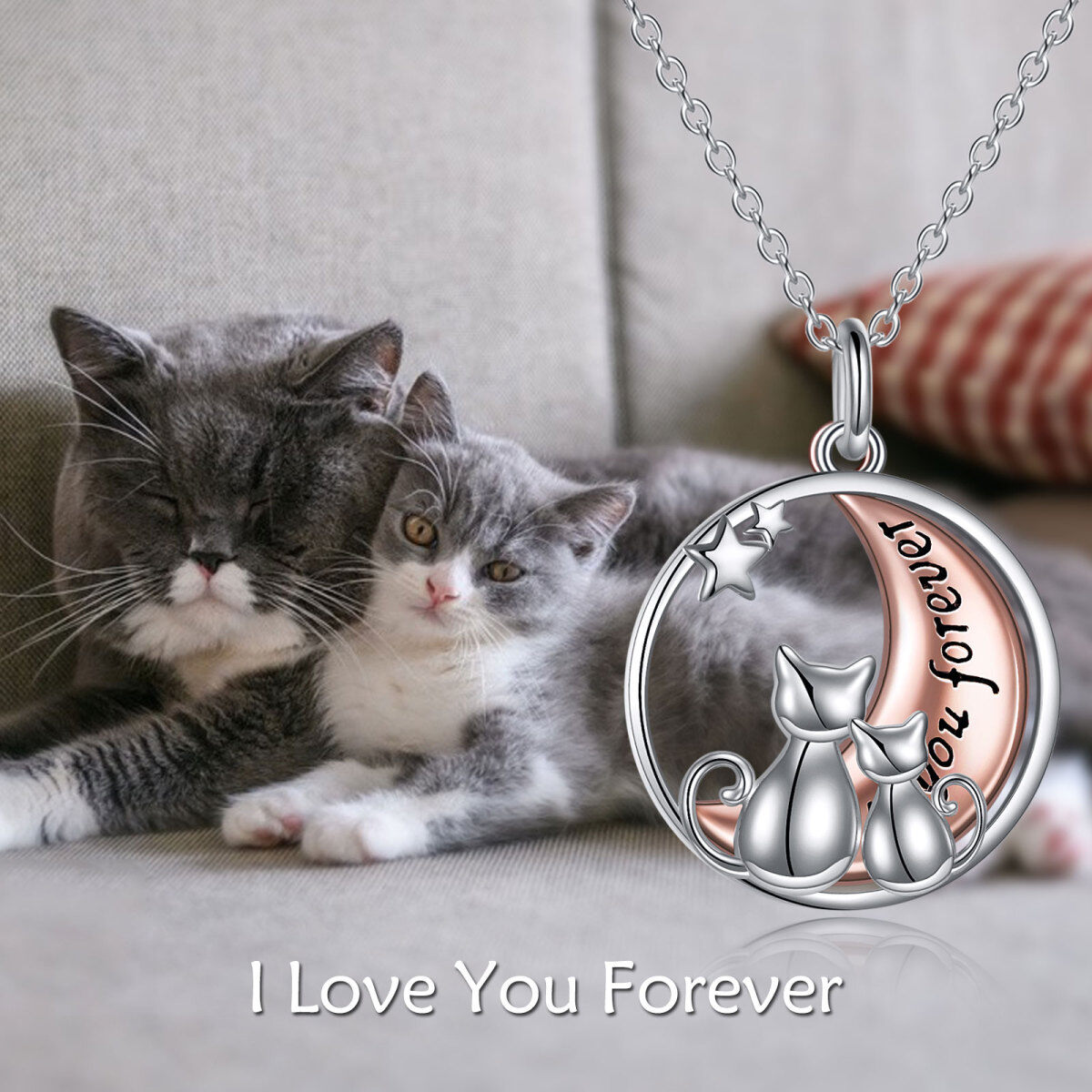 Sterling zilveren tweekleurige kat & maan hanger ketting-6