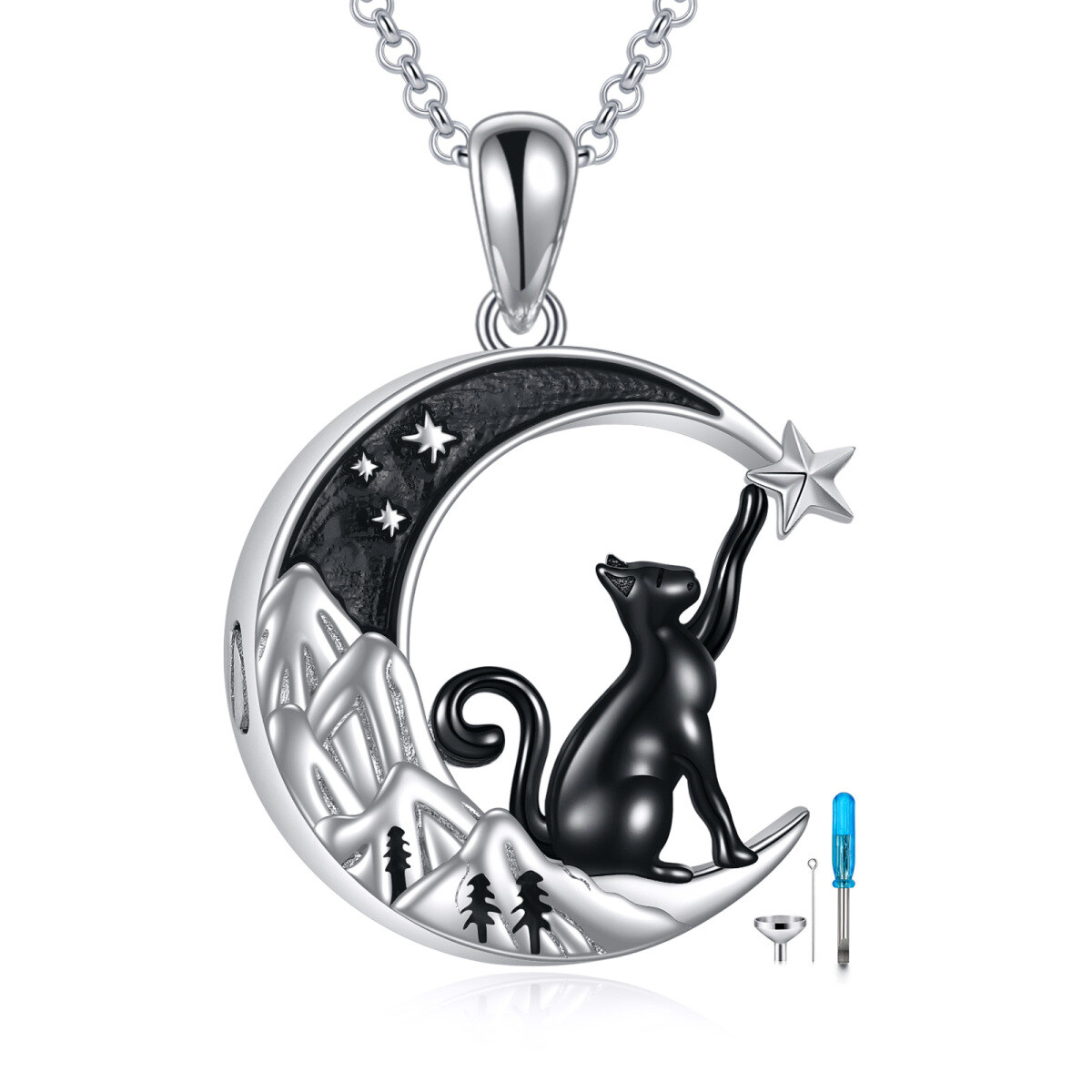 Collana per ceneri con falce di luna e urna di montagna in argento sterling bicolore con gatto nero-1