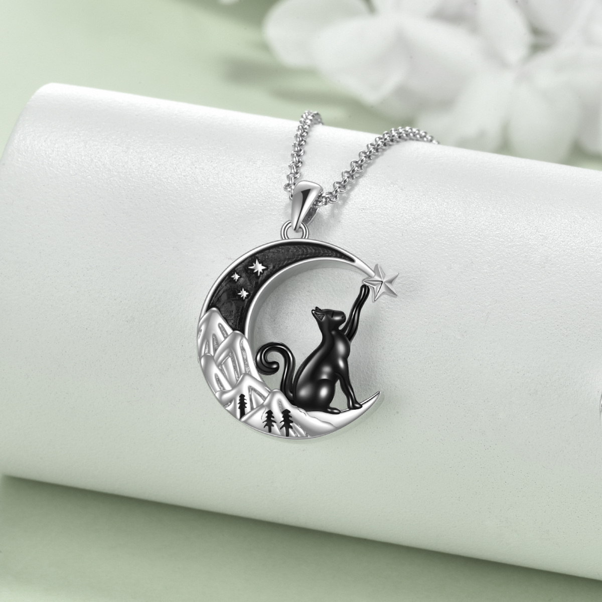 Collana per ceneri con falce di luna e urna di montagna in argento sterling bicolore con gatto nero-4