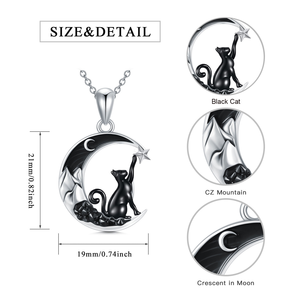 Collier en argent sterling avec pendentif chat et étoile de lune bicolore-6