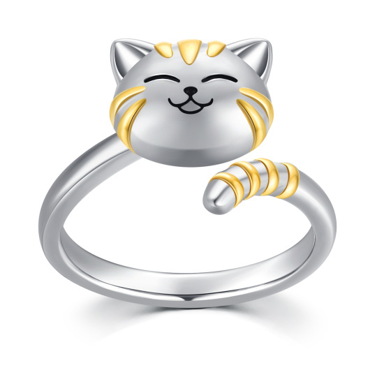 Bague ouverte en argent sterling avec chat bicolore