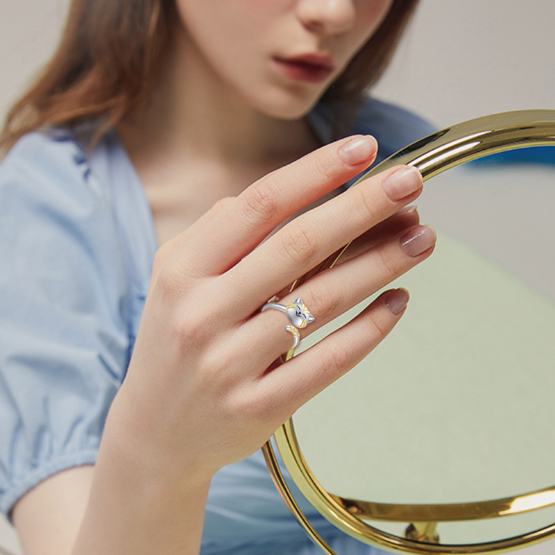 Sterling Silver Two-tone Cat Open Ring-5