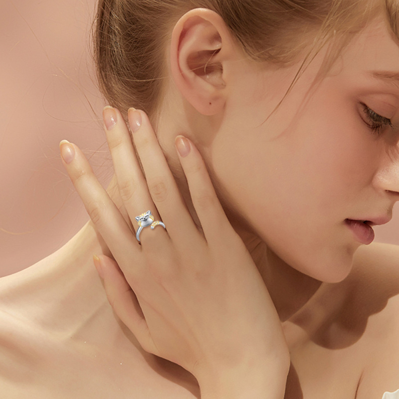 Sterling Silver Two-tone Cat Open Ring-4