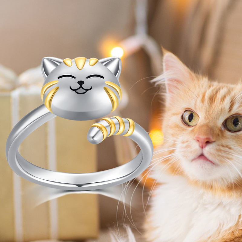 Sterling Silver Two-tone Cat Open Ring-6