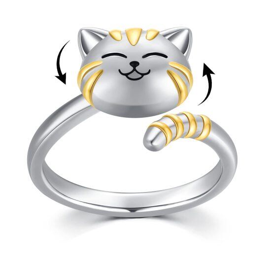 Bague ouverte en argent sterling en forme de chat bicolore