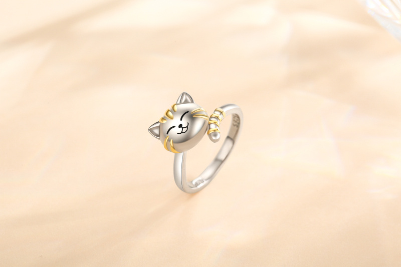 Sterling Silver Two-tone Cat Open Ring-2