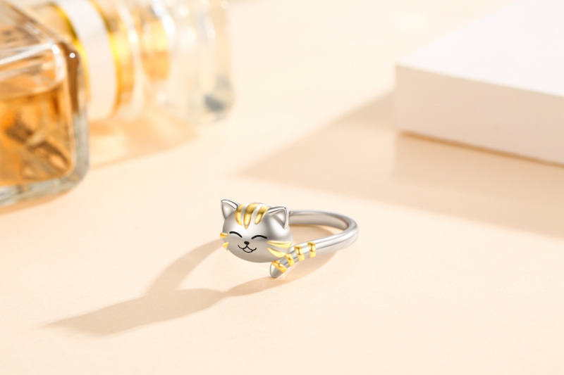 Sterling Silver Two-tone Cat Open Ring-3