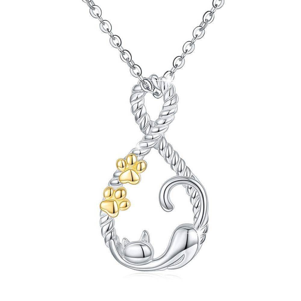 Sterling Silver Two-Tone Cat Paw And Infinity Symbol Pendant Necklace For Women-1