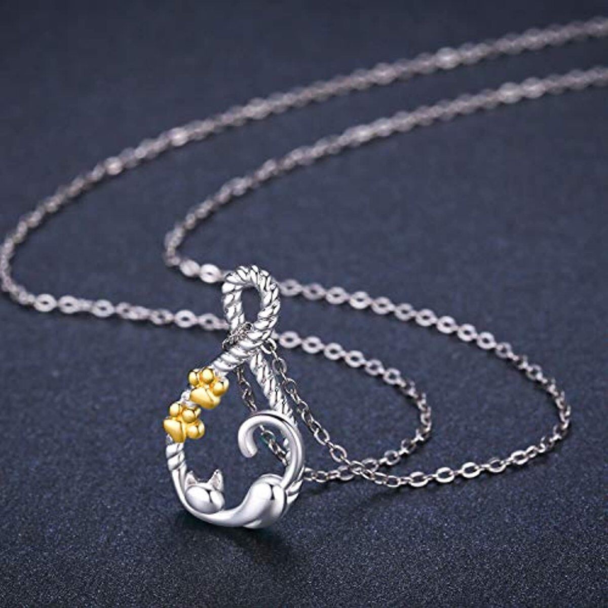 Sterling Silver Two-Tone Cat Paw And Infinity Symbol Pendant Necklace For Women-4