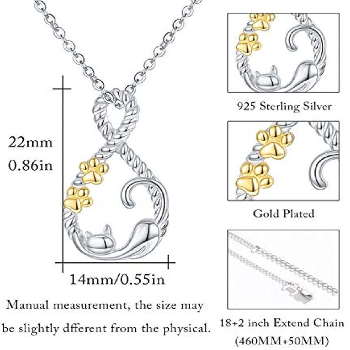 Sterling Silver Two-Tone Cat Paw And Infinity Symbol Pendant Necklace For Women-5