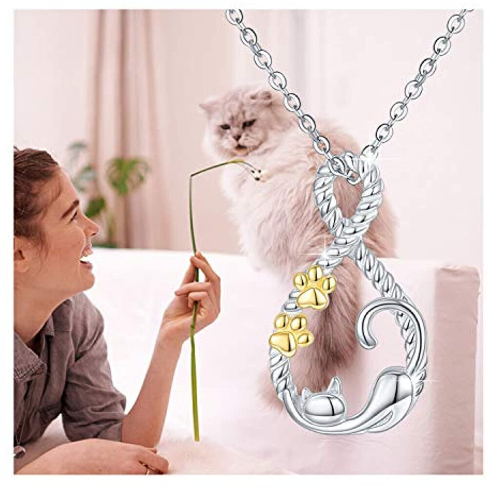 Sterling Silver Two-Tone Cat Paw And Infinity Symbol Pendant Necklace For Women-6