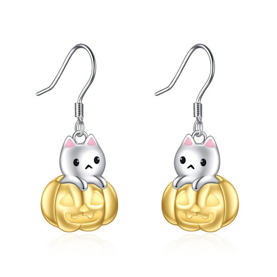 Sterling Silver Two-tone Cat & Pumpkin Drop Earrings