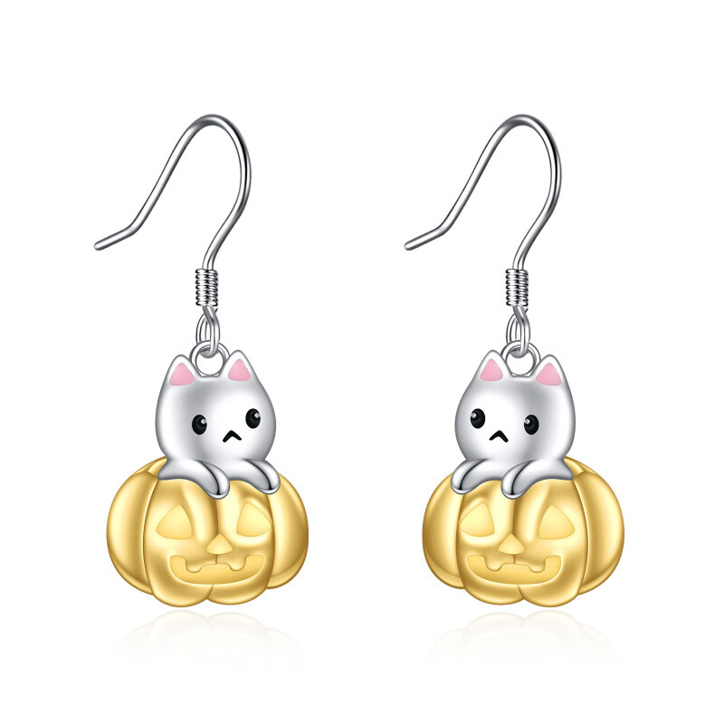 Sterling Silver Two-tone Cat & Pumpkin Drop Earrings-2